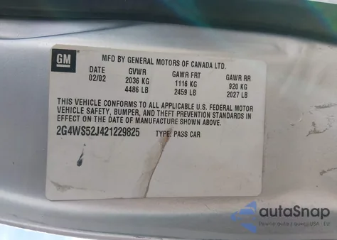 2002 Buick Century Custom z USA, uszkodzony, nr VIN 2G4WS52J421229825